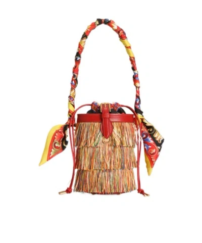 Dolce & Gabbana Capri Fringed Leather And Twill-trimmed Raffia Bucket Bag In Multi
