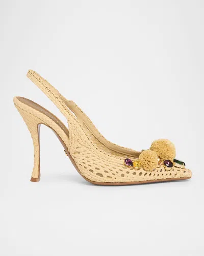 Dolce & Gabbana Raffia Crochet Pompom Slingback Pumps In Multi