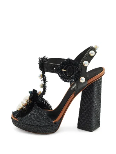 Pre-owned Dolce & Gabbana Raffia Faux-pearl T-strap Sandals In Black