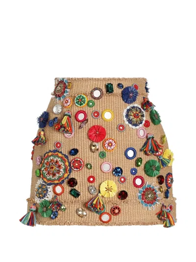 Dolce & Gabbana Raffia Mini Skirt With Applications In Neutral