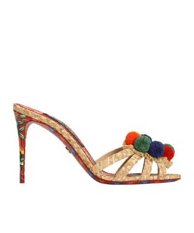Dolce & Gabbana Raffia Mules With Embroidery In Brown