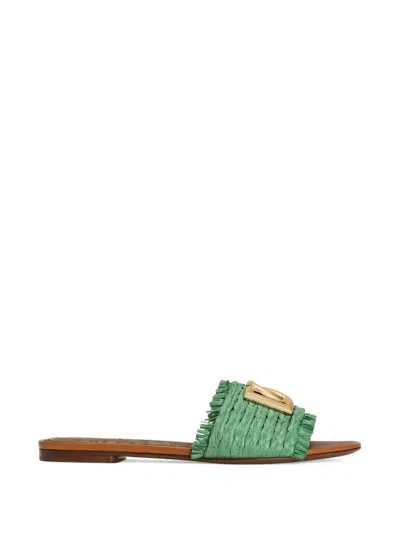 Dolce & Gabbana Raffia Slippers In Green