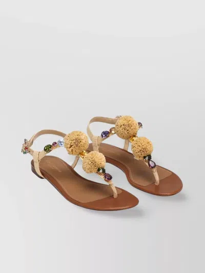 Dolce & Gabbana Raffia Thong Sandal With Jewel Accents In Brown