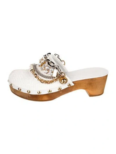 Pre-owned Dolce & Gabbana Raffia Tweed Pattern Mules In White