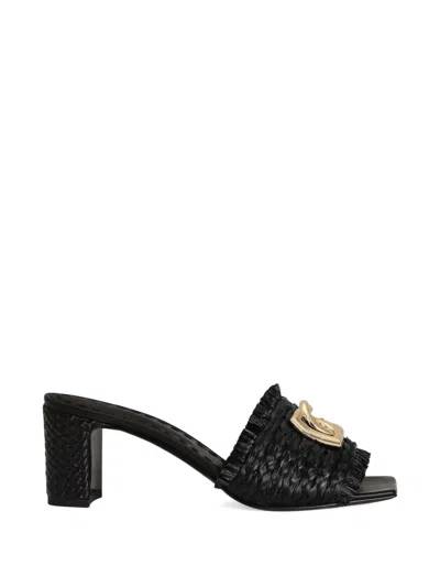 Dolce & Gabbana Raffia With Braid And Fringe Mules In Black