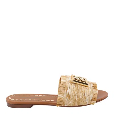 Dolce & Gabbana Ciabatte In Rafia Con Logo Oro Dolce E Gabbana In Brown