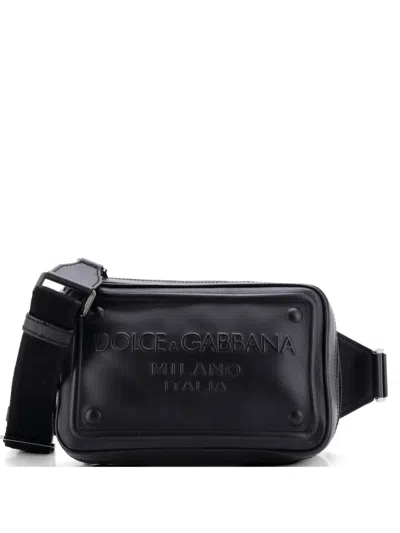 Pre-owned Dolce & Gabbana Raised Logo Embossed Leather Crossbody Bag In Black