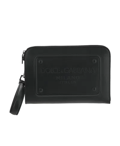 Dolce & Gabbana Raised-logo Leather Clutch In Black