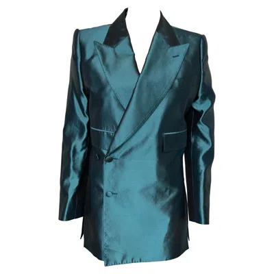 Pre-owned Dolce & Gabbana Rare Dolce&gabbana Cyan Green Mikado Silk Double-breasted Oversized Blazer It 38