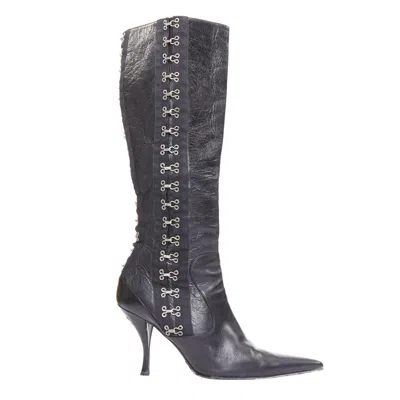 Pre-owned Dolce & Gabbana Rare Dolce Gabbana 2003 Vintage Corset Leather Eyelet Pointy Tall Boots Eu38 In Black