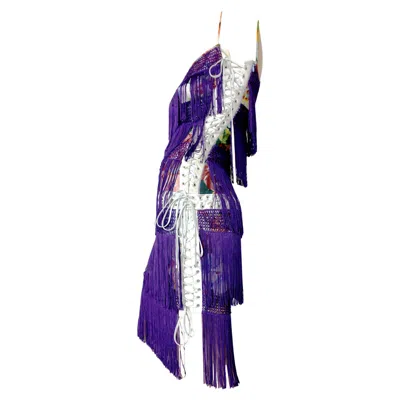Pre-owned Dolce & Gabbana Rare  Y2k Floral Silk Fringe Lace-up Knit Dress "great Gatsby" In Purple