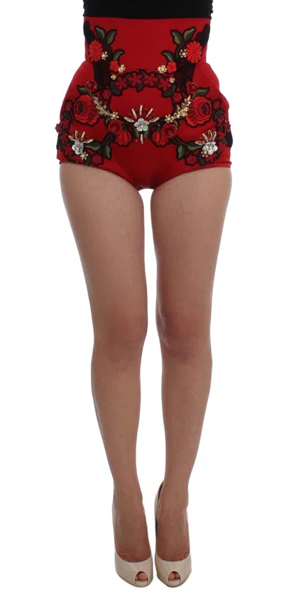 Dolce & Gabbana Silk Crystal Roses Embroidered Short Trousers In Red
