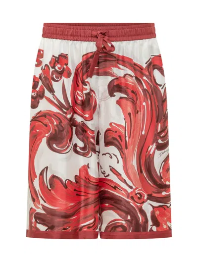 Dolce & Gabbana Maiolica Print Silk Bermuda Shorts In Burgundy