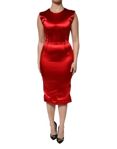 Pre-owned Dolce & Gabbana Red Acetate Sleeveless Sheath Midi Women's Dress ()