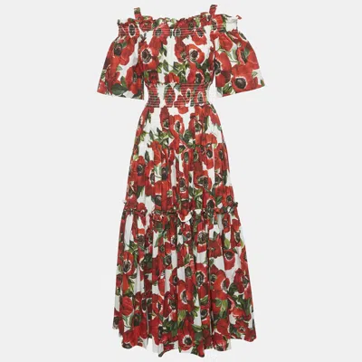 Pre-owned Dolce & Gabbana Red Anemoni Print Poplin Midi Dress S