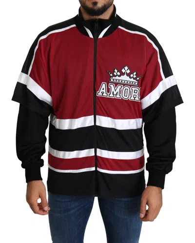 Dolce & Gabbana Red Black Amore Sport Full Zipper Men's Sweater In Multi