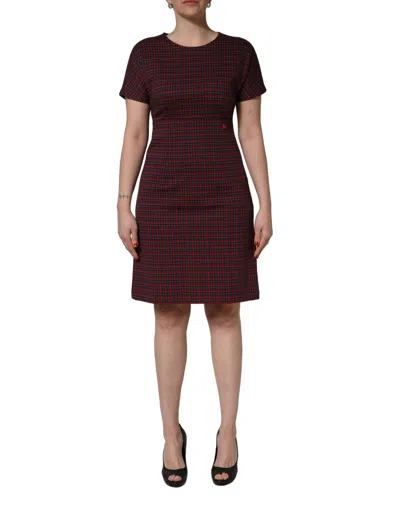 Dolce & Gabbana Red Black Checkered Shortsleeve Sheath Dress In Burgundy