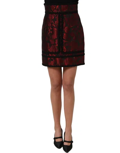 Dolce & Gabbana Red Black Floral Lace Jacquard Mini Women's Skirt