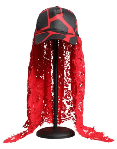 Dolce & Gabbana Red Black Lace Tulle Cotton Baseball Women's Cap