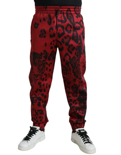 Dolce & Gabbana Red Black Leopard Stretch Jogger Pants In Black And Red