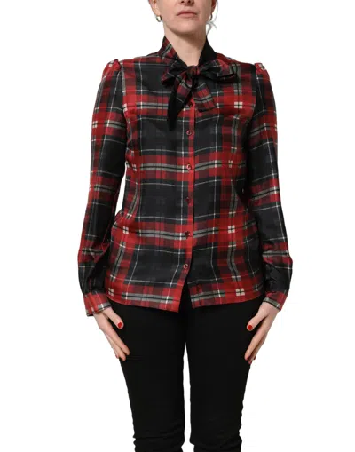 Dolce & Gabbana Red Black Plaid Silk Tie-neck Blouse Women's Top In Black And Red