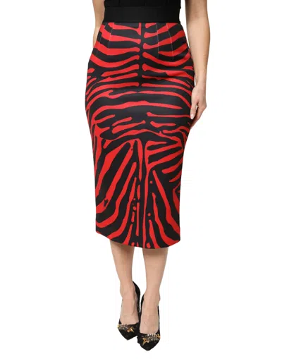 Dolce & Gabbana Red Black Zebra Print Polyester Pencil Midi Women's Skirt In Black And Red