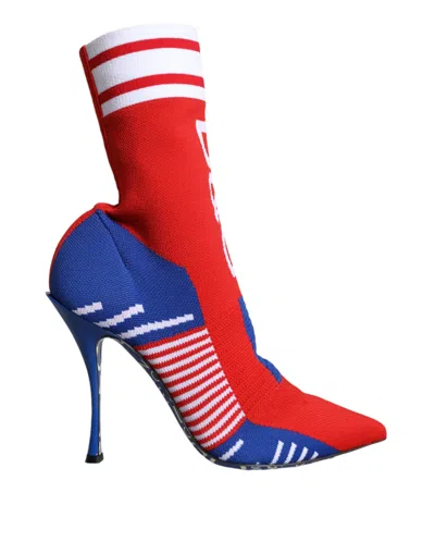 Dolce & Gabbana Red Blue Stretch Sock Style Ankle Boots Logo Women's Shoes