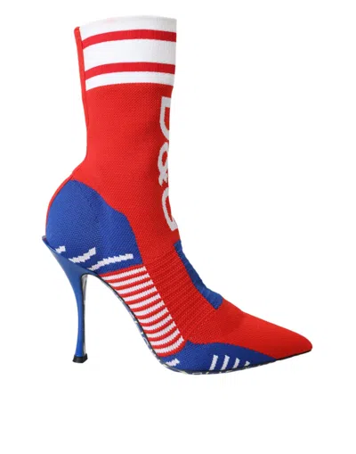 Dolce & Gabbana Red Blue Stretch Sock Style Ankle Boots Logo Women's Shoes In Purple