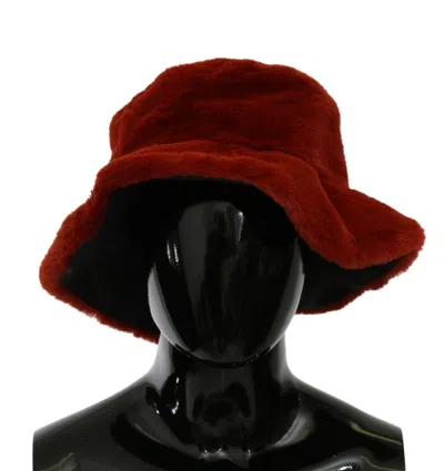 Dolce & Gabbana Red Bordeaux Fur Wide Brim Bucket  Women's Hat