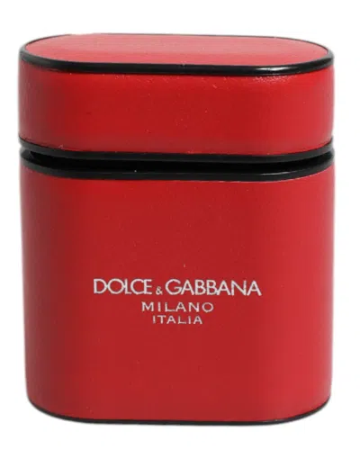 Dolce & Gabbana Red Calfskin Leather Logo Print Flip Holder Airpods Case Calf Accessory