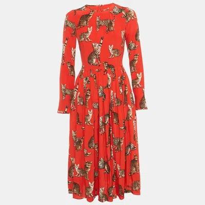 Pre-owned Dolce & Gabbana Red Cat Print Silk Midi Dress S