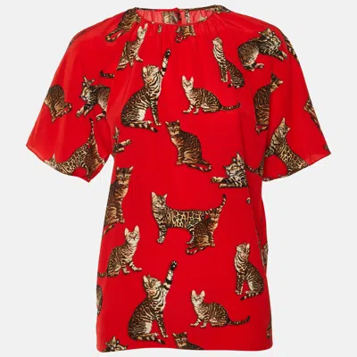 Pre-owned Dolce & Gabbana Red Cat Printed Silk Short Sleeve Blouse S