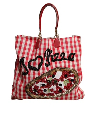Dolce & Gabbana Red Checkered Embellished Shopping Tote Cotton Women's Bag