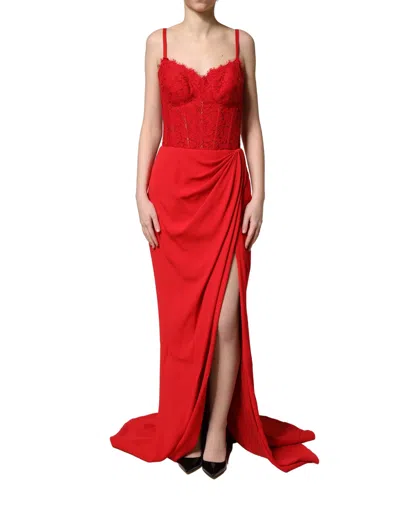 Pre-owned Dolce & Gabbana Red Corset Lace Bodice Draped Long Gown Women's Dress ()