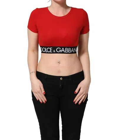 Dolce & Gabbana Red Cotton Logo Tape Cropped Short Sleeve T-shirt