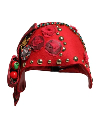 Dolce & Gabbana Red Crystal Gold Roses Brooch Embellished Women's Hat