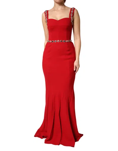 Pre-owned Dolce & Gabbana Red Crystals Sheath Mermaid Long Gown Women's Dress ()