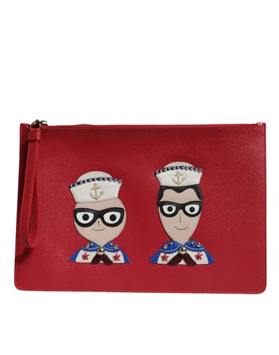 Dolce & Gabbana Red #dgfamily Embellished Leather Clutch Women's Bag