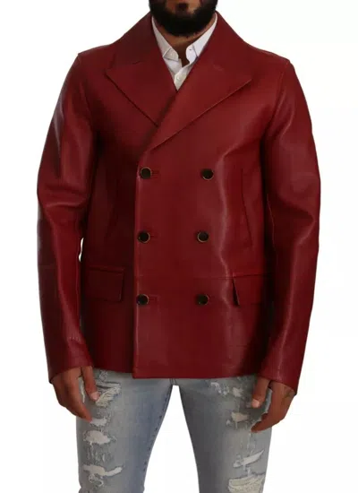 Dolce & Gabbana Red Double Breasted Leather Coat Jacket In Brown