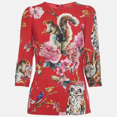Pre-owned Dolce & Gabbana Red Enchanted Forest Print Crepe Long Sleeve Top S