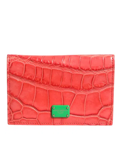 Pre-owned Dolce & Gabbana Red Exotic Leather Logo Plaque Card Holder Women's Wallet ()