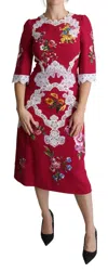 Dolce & Gabbana Red Floral Embroidered Sheath Midi Women's Dress In Red