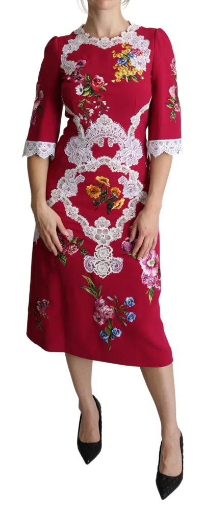 Dolce & Gabbana Red Floral Embroidered Sheath Midi Women's Dress