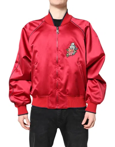 Pre-owned Dolce & Gabbana Red Floral Patch Full Zip Men Bomber Men's Jacket ()