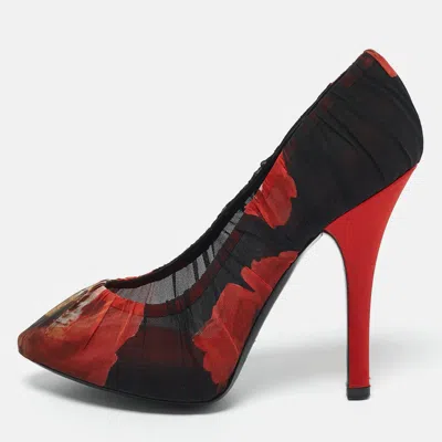 Pre-owned Dolce & Gabbana Red Floral Pleated Fabric Pumps Size 38