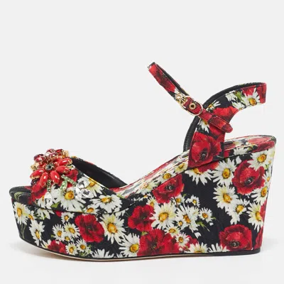 Pre-owned Dolce & Gabbana Red Floral Print Brocade Fabric Wedge Sandals Size 35