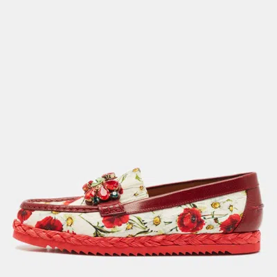 Pre-owned Dolce & Gabbana Red Floral Print Canvas And Leather Palermo Loafers Size 41