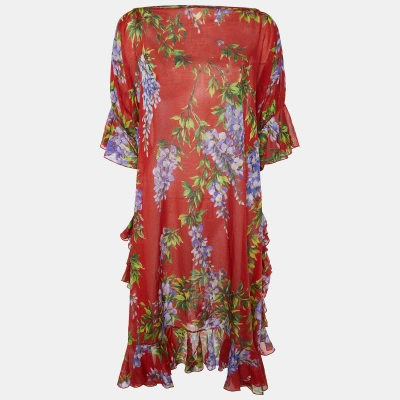 Pre-owned Dolce & Gabbana Red Floral Print Cotton Kaftan Cover Up M