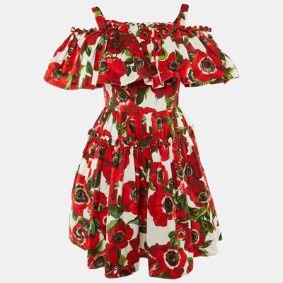 Pre-owned Dolce & Gabbana Red Floral Print Cotton Ruffled Dress S