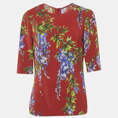 Pre-owned Dolce & Gabbana Red Floral Print Crepe Blouse M
